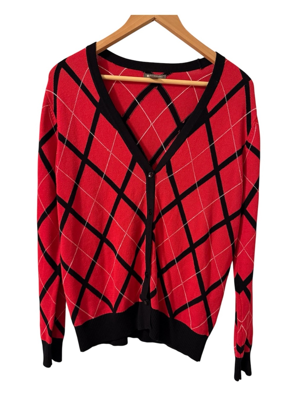 Spanner Red & Black Argyle Button Front Cardigan Sweater Size Large